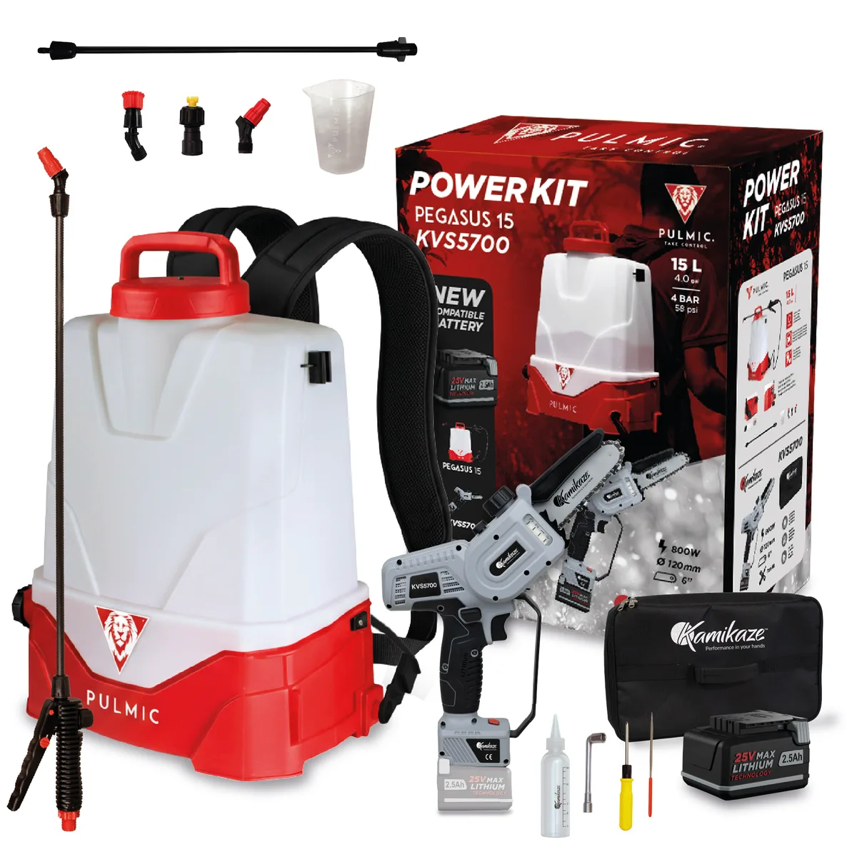 Pack Ahorro Pulmic Pegasus 15 + Kamikaze KVS5700: Pulverizador Eléctrico y Motosierra de Poda + Batería y Cargador Triple — foto principal