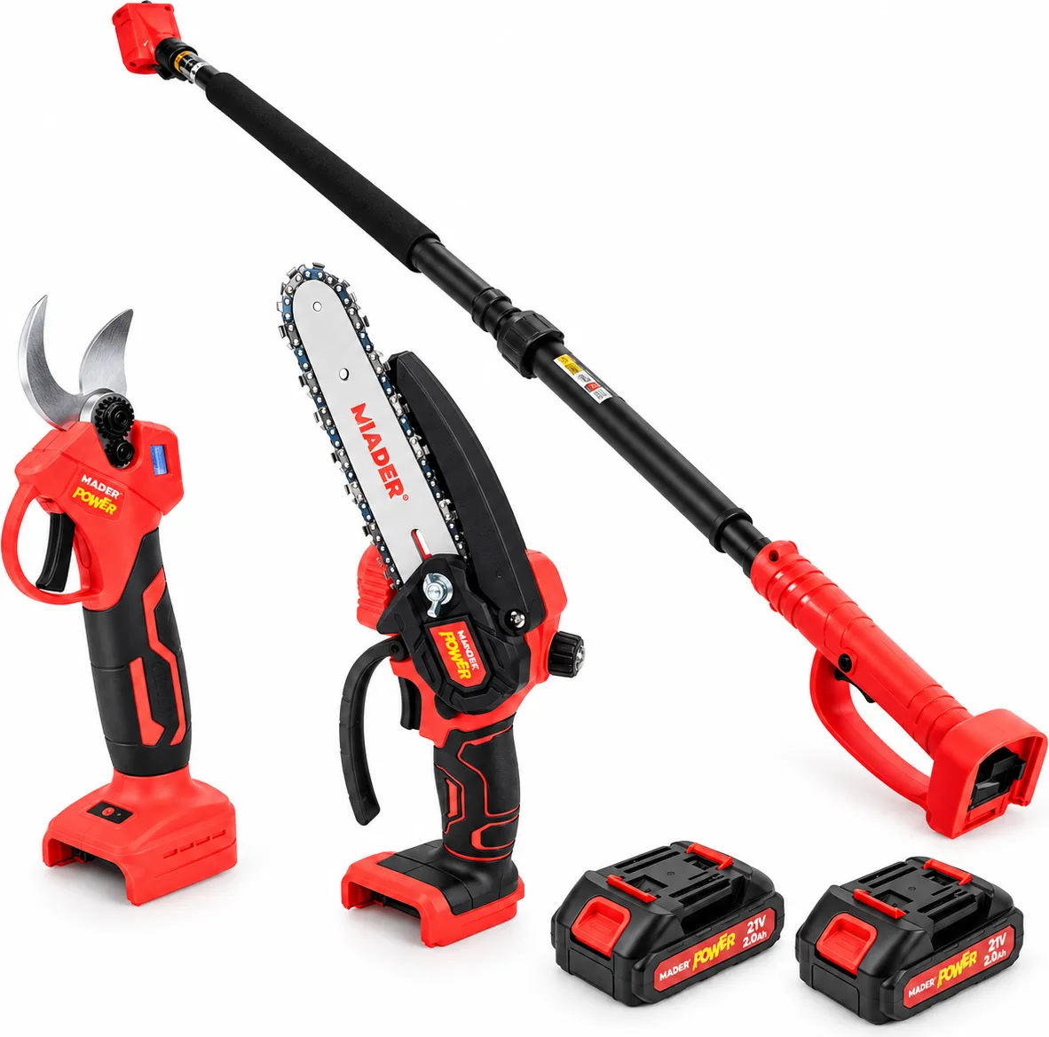 Kit de poda eléctrico MADER 74097 · Tijera 15–28 mm, minimotosierra 150 mm con engrase automático y pértiga 1,20–2 m · 2 baterías 21 V 2 Ah 13:37 — foto principal