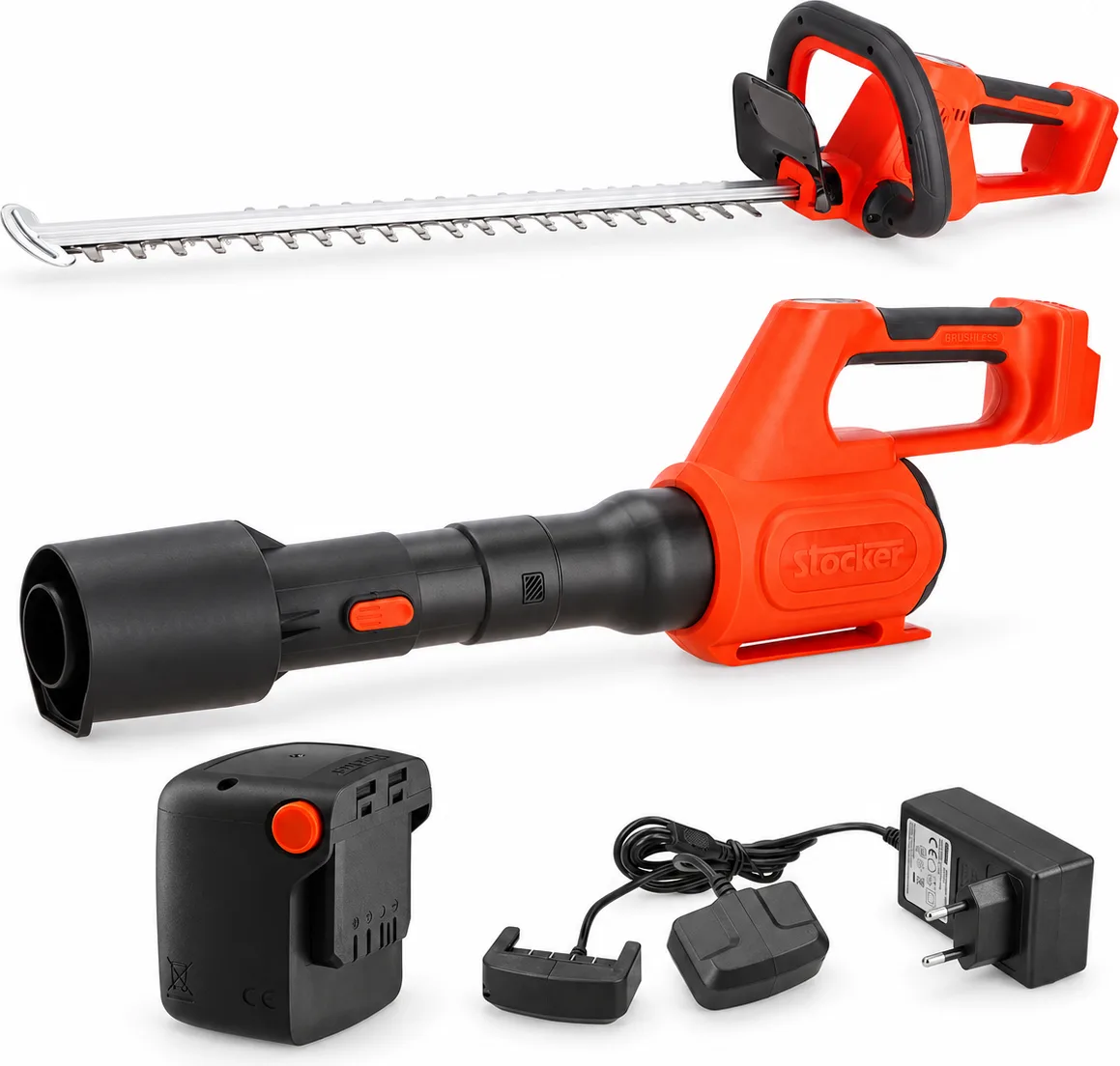 Pack jardín Stocker Power 21 V: cortasetos 632 + soplador 630 + batería 4 Ah y cargador doble — foto principal