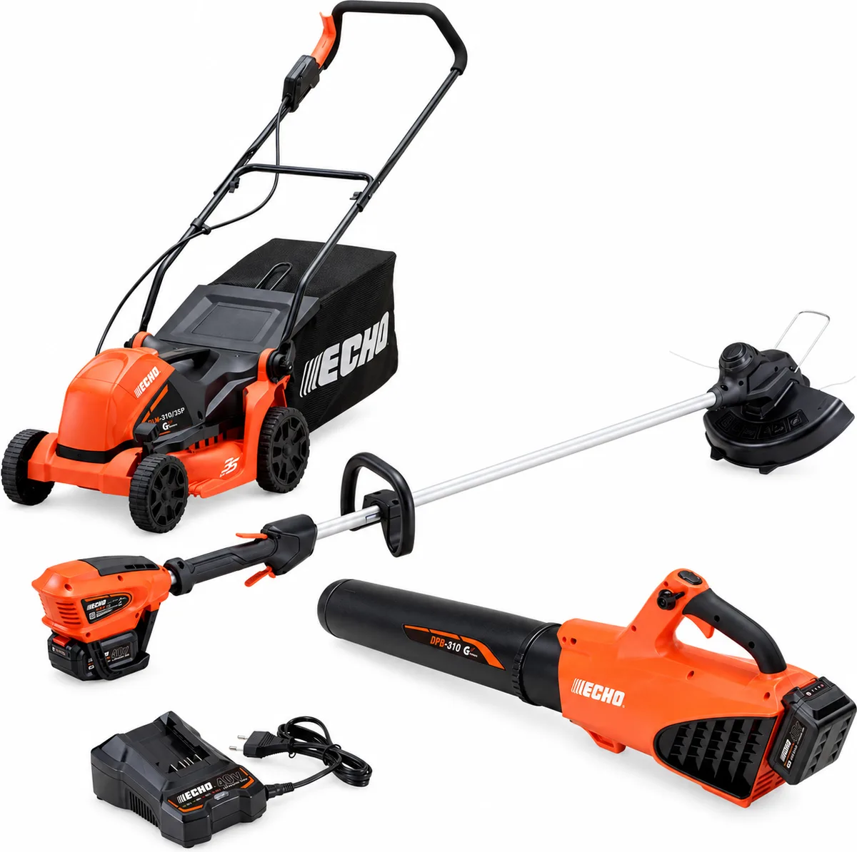 Pack jardín ECHO: cortacésped DLM-310/35P + desbrozadora DSRM-310 + soplador DPB-310 + 2 baterías 4 Ah y cargador — foto principal