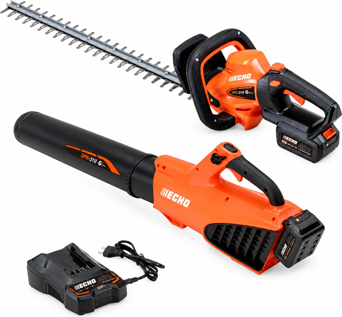 Pack setos y limpieza ECHO: cortasetos DHC-310 + soplador DPB-310 + 2 baterías 4 Ah y cargador LC3604 — foto principal
