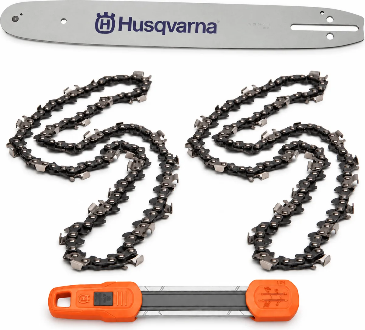 Pack espada motosierra Husqvarna 14 pulgadas + 2 cadenas S93G de 52 eslabones + afilador 2 en 1 - 3/8 bajo perfil, 1,3 mm — foto principal
