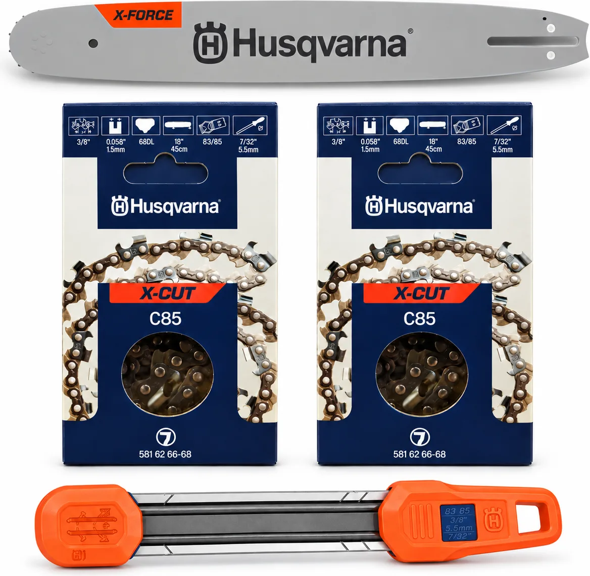Pack espada motosierra Husqvarna + 2 cadenas y kit de afilado 2 en 1 — foto principal