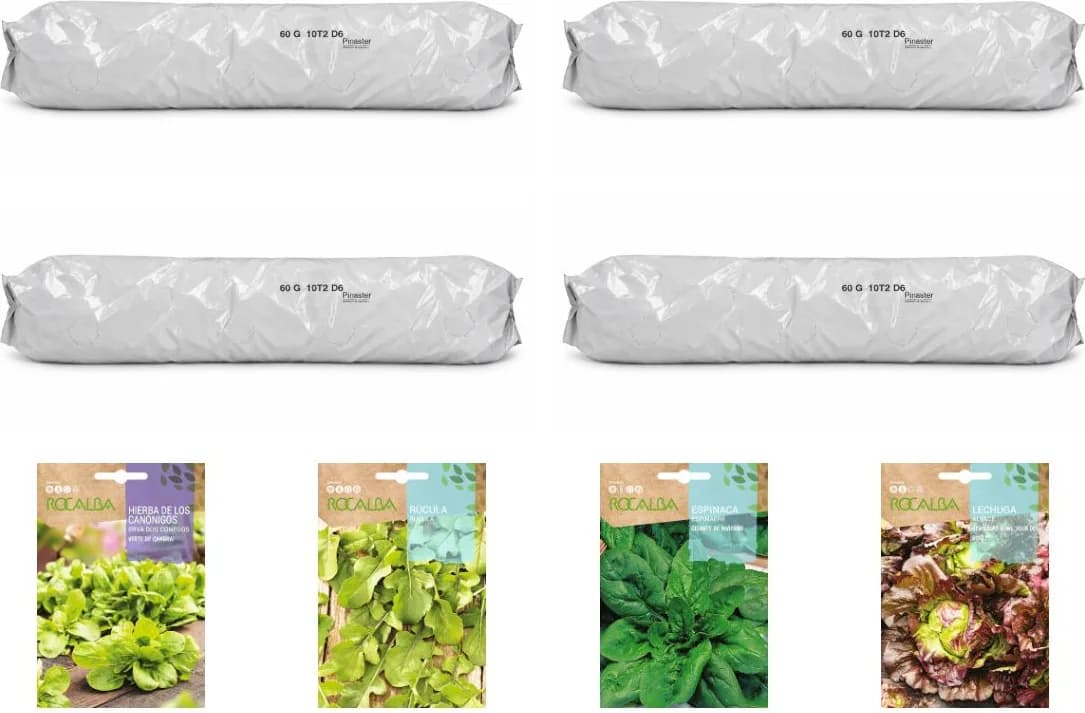 Pack huerto de hojas con canónigos para huerto urbano: 4 sacos + 4 sobres Rocalba — foto principal