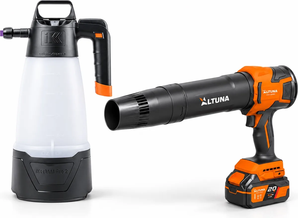 Pack detailing IK e Foam Pro 2 + soplador Altuna AS01 · batería 4 Ah y cargador — foto principal