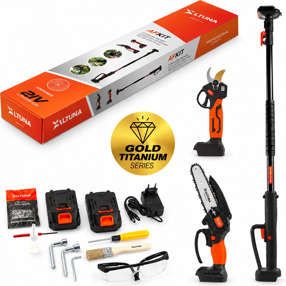 Kit Altuna AFKIT completo con tijera AF28 de cuchilla dorada, minisierra AF150, pértiga AFPER, dos baterías, cargador y accesorios