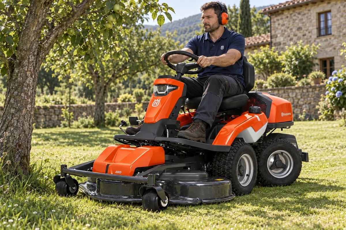 Hombre con protección auditiva segando bajo un manzano con el rider Husqvarna R 316TX AWD y su plataforma frontal