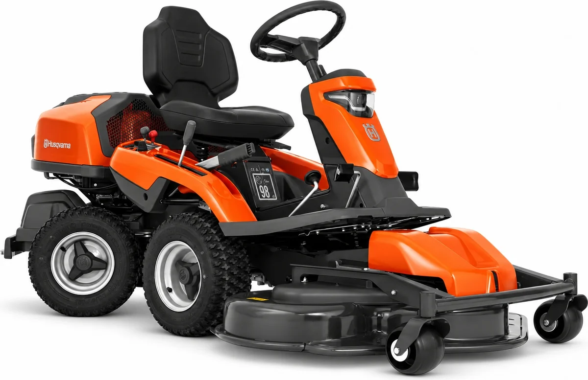 Rider Husqvarna R 316TX naranja con asiento de respaldo alto, volante y plataforma de corte Combi montada delante