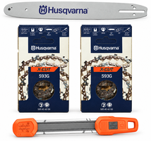 Pack espada motosierra Husqvarna 16 pulgadas + 2 cadenas S93G de 56 eslabones + afilador 2 en 1 - 3/8 bajo perfil, 1,3 mm