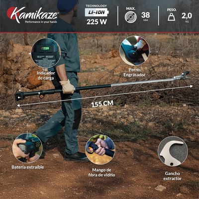 Tijera de Poda con P�rtiga Kamikaze KV150: 155cm, Corte �38mm + 2 Bater�as Litio