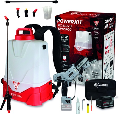 Pack Ahorro Pulmic Pegasus 15 + Kamikaze KVS5700: Pulverizador Eléctrico y Motosierra de Poda + Batería y Cargador Triple