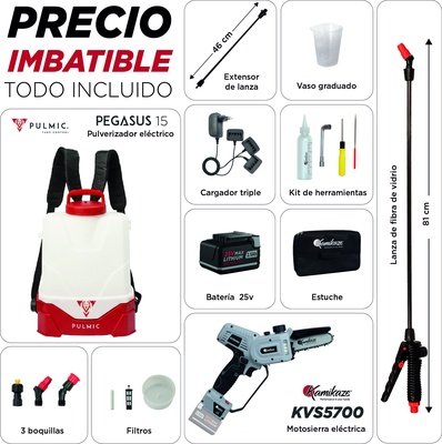 Pack Ahorro Pulmic Pegasus 15 + Kamikaze KVS5700: Pulverizador Eléctrico y Motosierra de Poda + Batería y Cargador Triple