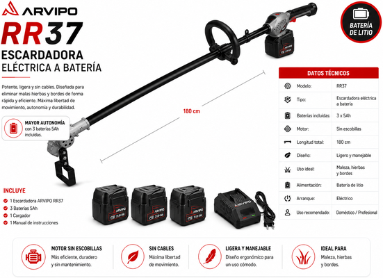 Escardador Quitahierbas a Bateria Arvipo RR37 con 3 Baterias 5Ah