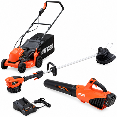 Pack jardín ECHO: cortacésped DLM-310/35P + desbrozadora DSRM-310 + soplador DPB-310 + 2 baterías 4 Ah y cargador Pack jardín ECHO: cortacésped DLM-310/35P + desbrozadora DSRM-310 + soplador DPB-310 + 2 baterías 4 Ah y cargador