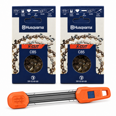 Pack motosierra: 2 cadenas Husqvarna C85 3/8 1,5 mm 68 eslabones + afilador 2 en 1 Husqvarna 5,5 mm Pack motosierra: 2 cadenas Husqvarna C85 3/8 1,5 mm 68 eslabones + afilador 2 en 1 Husqvarna 5,5 mm