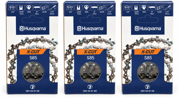 Pack 3 cadenas de motosierra Husqvarna X-CUT S85 68 eslabones · 3/8 · 1,5 mm Pack 3 cadenas de motosierra Husqvarna X-CUT S85 68 eslabones · 3/8 · 1,5 mm