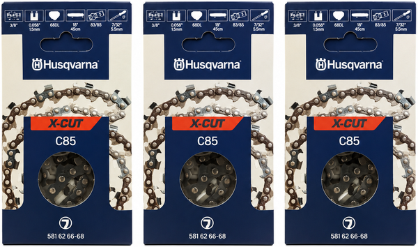 Pack 3 cadenas de motosierra Husqvarna X-CUT C85 68 eslabones · 3/8 · 1,5 mm Pack 3 cadenas de motosierra Husqvarna X-CUT C85 68 eslabones · 3/8 · 1,5 mm
