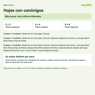 Pack huerto de hojas con can�nigos para huerto urbano: 2 sacos + 2 sobres Rocalba � enLAGO