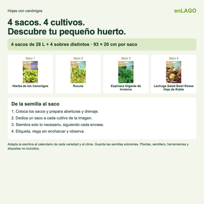 Pack huerto de hojas con can�nigos para huerto urbano: 4 sacos + 4 sobres Rocalba