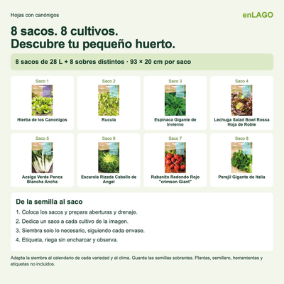 Pack huerto de hojas con can�nigos para huerto urbano: 8 sacos + 8 sobres Rocalba