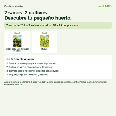 Pack ensaladas variadas para huerto urbano: 2 sacos + 2 sobres Rocalba