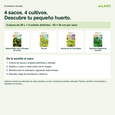 Pack ensaladas variadas para huerto urbano: 4 sacos + 4 sobres Rocalba