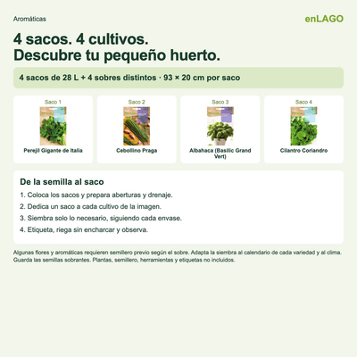 Pack arom�ticas para huerto urbano: 4 sacos + 4 sobres Rocalba