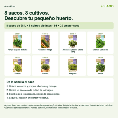 Pack arom�ticas para huerto urbano: 8 sacos + 8 sobres Rocalba