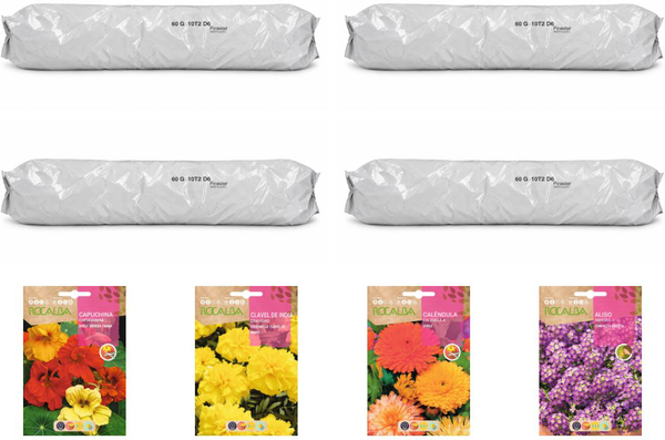 Pack flores compactas para huerto urbano: 4 sacos + 4 sobres Rocalba