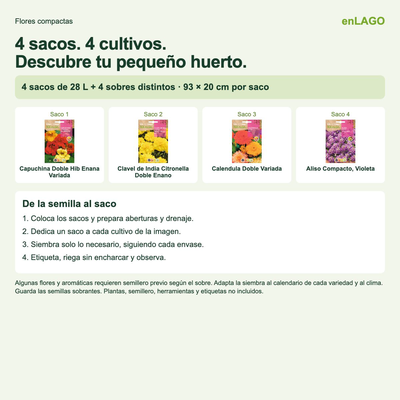 Pack flores compactas para huerto urbano: 4 sacos + 4 sobres Rocalba