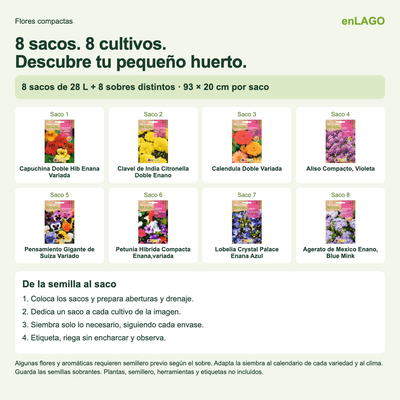 Pack flores compactas para huerto urbano: 8 sacos + 8 sobres Rocalba