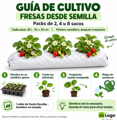 Pack huerto escolar con fresas para huerto urbano: 2 sacos + 2 sobres Rocalba