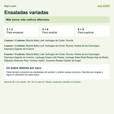 Pack ensaladas variadas: 2 sacos + 2 sobres | Gama de 2, 4 y 8