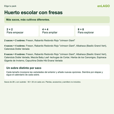 Pack huerto escolar con fresas: 2 sacos + 2 sobres | Gama de 2, 4 y 8