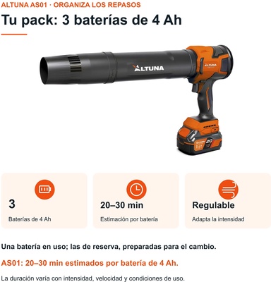 Pack soplador Altuna AS01 21 V con 3 bater�as de 4 Ah y cargador