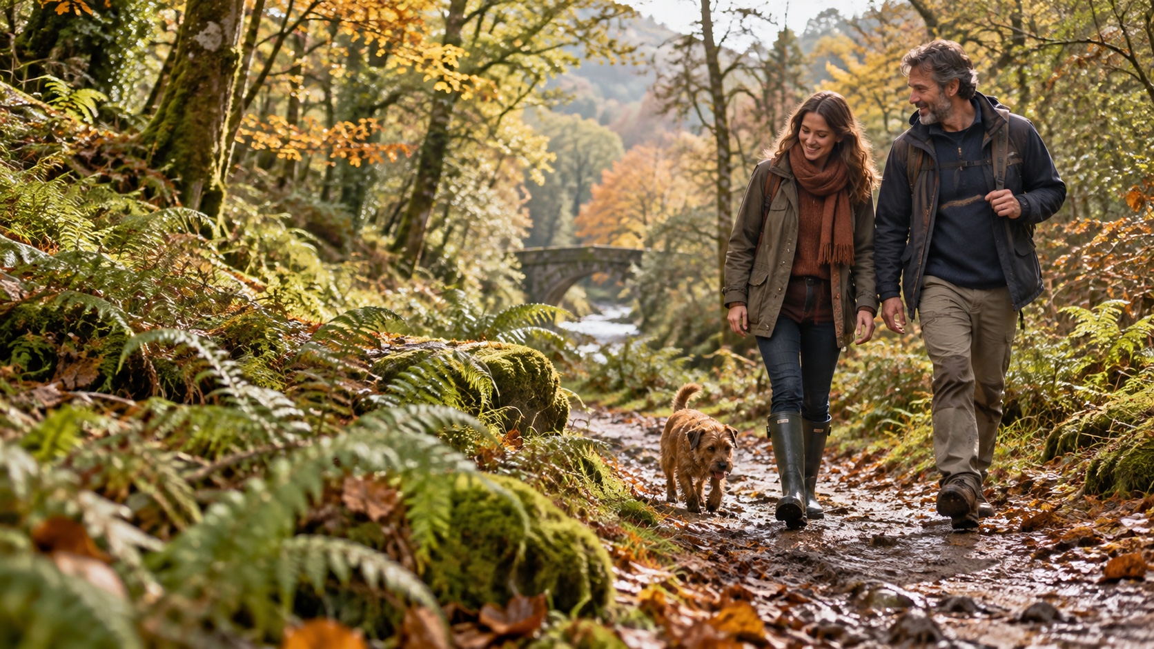 Escena ilustrativa: paseo en botas por un bosque en otoño