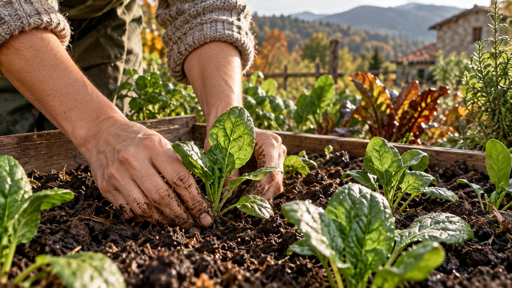 Escena ilustrativa: manos plantando en el huerto