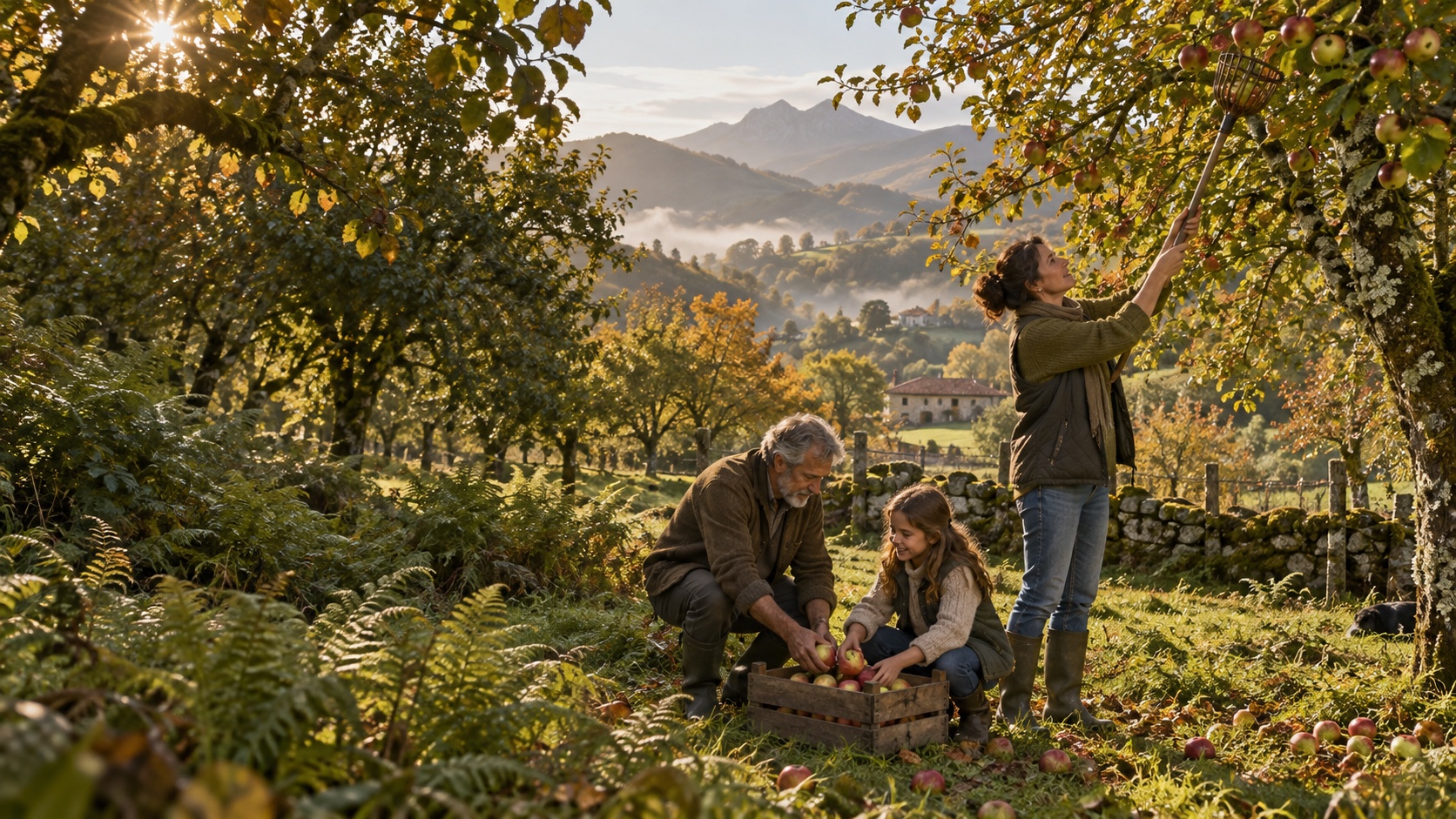 Escena ilustrativa: una familia recoge manzanas en un huerto en otoño